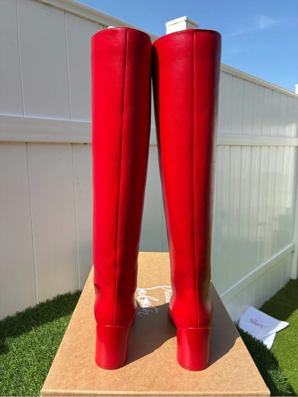 CHRISTIAN LOUBOUTIN JANITTA 55 RED LEATHER BLOCK HEEL KNEE-HIGH BOOTS SZ 38.5